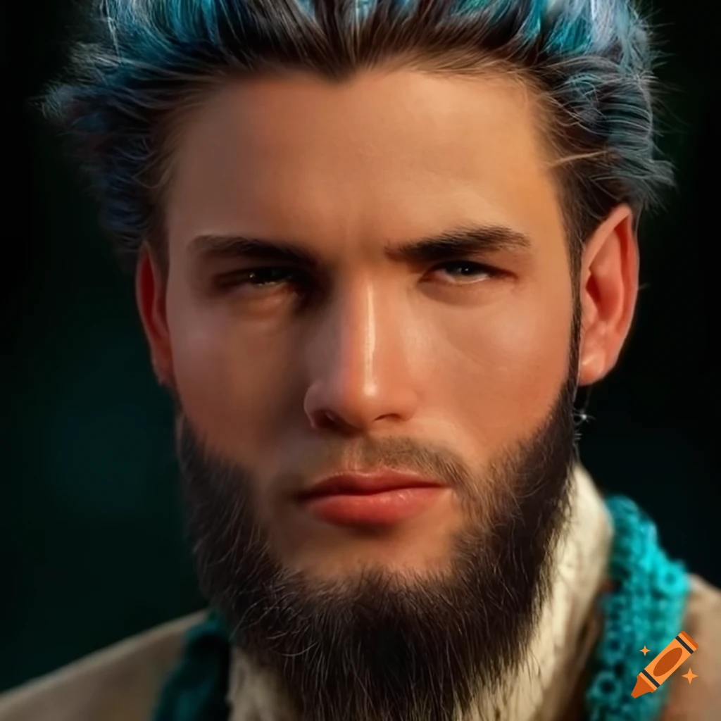 macro detailed, photorealistic art by John Bolton, art by Alvar Cawén , art by Alexander McQueen, High exposure young male beard Black hair styled as Braided bun, at Twilight, Bokeh, Visual novel, 35mm, Colorless and Teal flakes, 4K, Highres, the detailed macro face pores has falling shiny blue chunks of tech skin