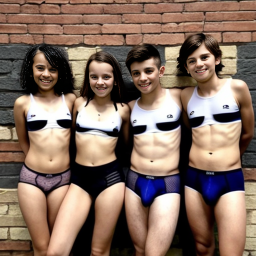 A wholesome scene suitable for children. Four boys and one girl are posing outdoors in front of a brick wall for a group photo. They are ten years old. Each is wearing a different color of underwear. Some of the boys are wearing briefs and some are wearing boxers. Some of the boys are visibly embarrassed in their underwear while others are clearly having fun in their underwear.