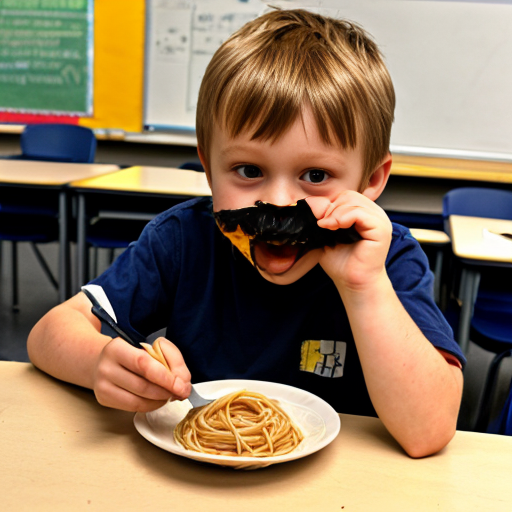 A German kid eating spaghetti and gooning in class