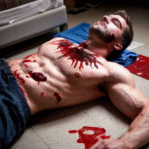 shirtless random man (neighbor, not everyone has 6 pack.), face are hiding by shirt, died already, chest are open wounded circle in random man, blood everywhere, eye closed, floor (on random place) on corpse body.