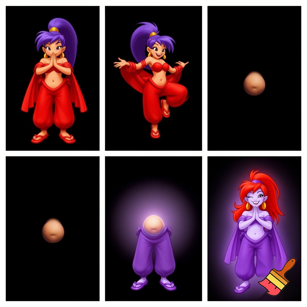 90's disney's 2d aladdin style comic dark black background and panels of 
panel 1 purple haired Ponytail shantae with red harem pants and red bra and red curved slippers with both hand palms place together and hiding the bottom of her mouth with a red veil wrapped around her arms and shoulders. 
panel 2 she danced with red harem pants with red bra and red curved slippers and red veil wrapped around her arms and shoulders and raising legs and bounced up and down her belly and shook her hips left and right. panel 3 as Shantae with red harem pants and red bra and curved red slippers spreading her arms, happily revealing her face to the viewer and giving a smile as she turns around shook her butt left and right. 
Panel 4 as purple haired Ponytail shantae with red harem pants and red bra and red curved slippers started to fading away , except her belly, which is bouncing around. 
Panel 5 then the ball transforms into the fading in belly of red haired Ponytail shantae with light purple skin and purple harem pants and purple bra and purple curved slippers and purple veil wrapped around her arms and shoulders with her swaying her hips. 
Panel 6 red haired Ponytail shantae with light purple skin and purple harem pants and purple bra and purple curved slippers and purple veil wrapped around her arms and shoulders and with her hand palms place together between her chest and she gives a smile and winking her left eye.   