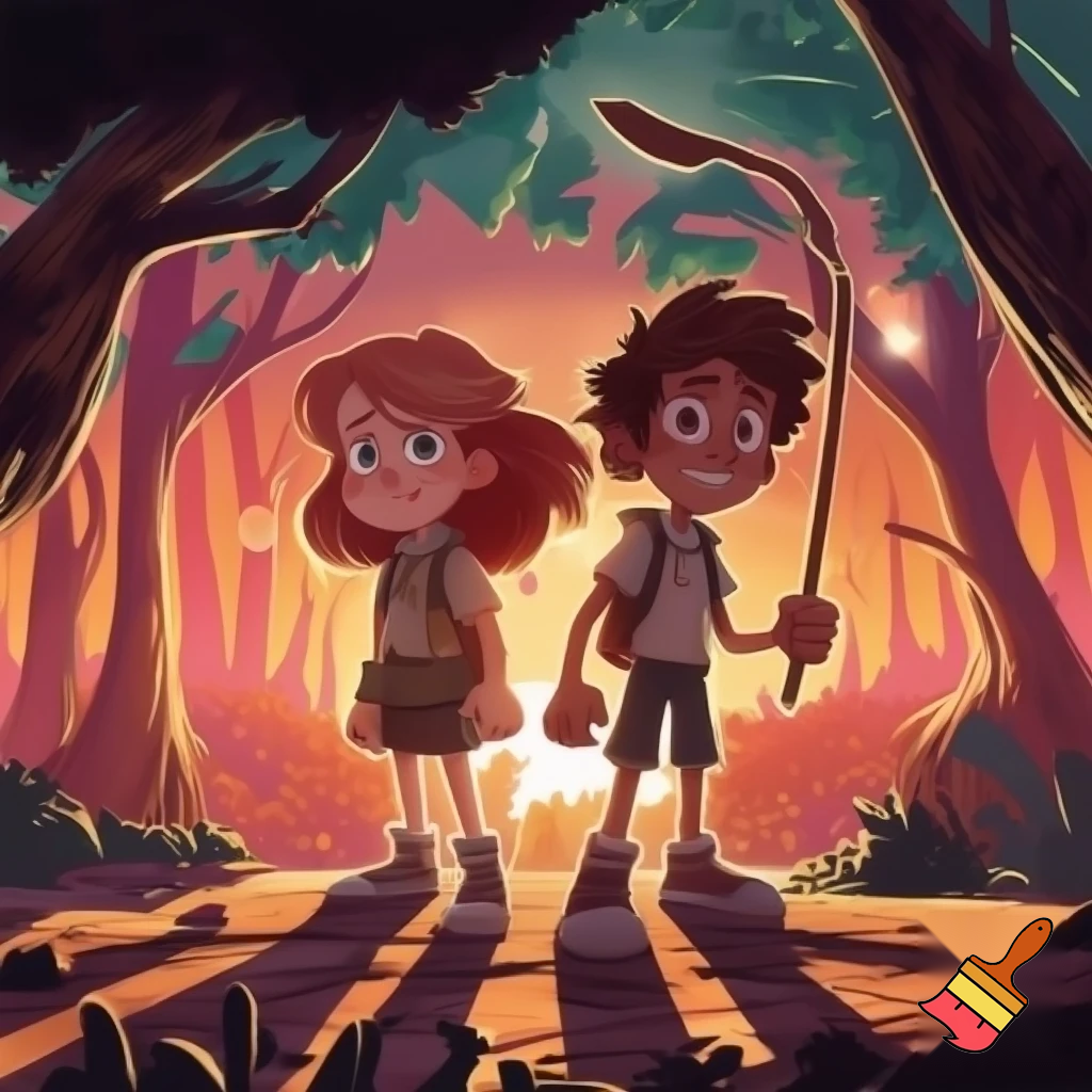 Two kids one girl one boy back to back in a forest sunset adventure  cartoon