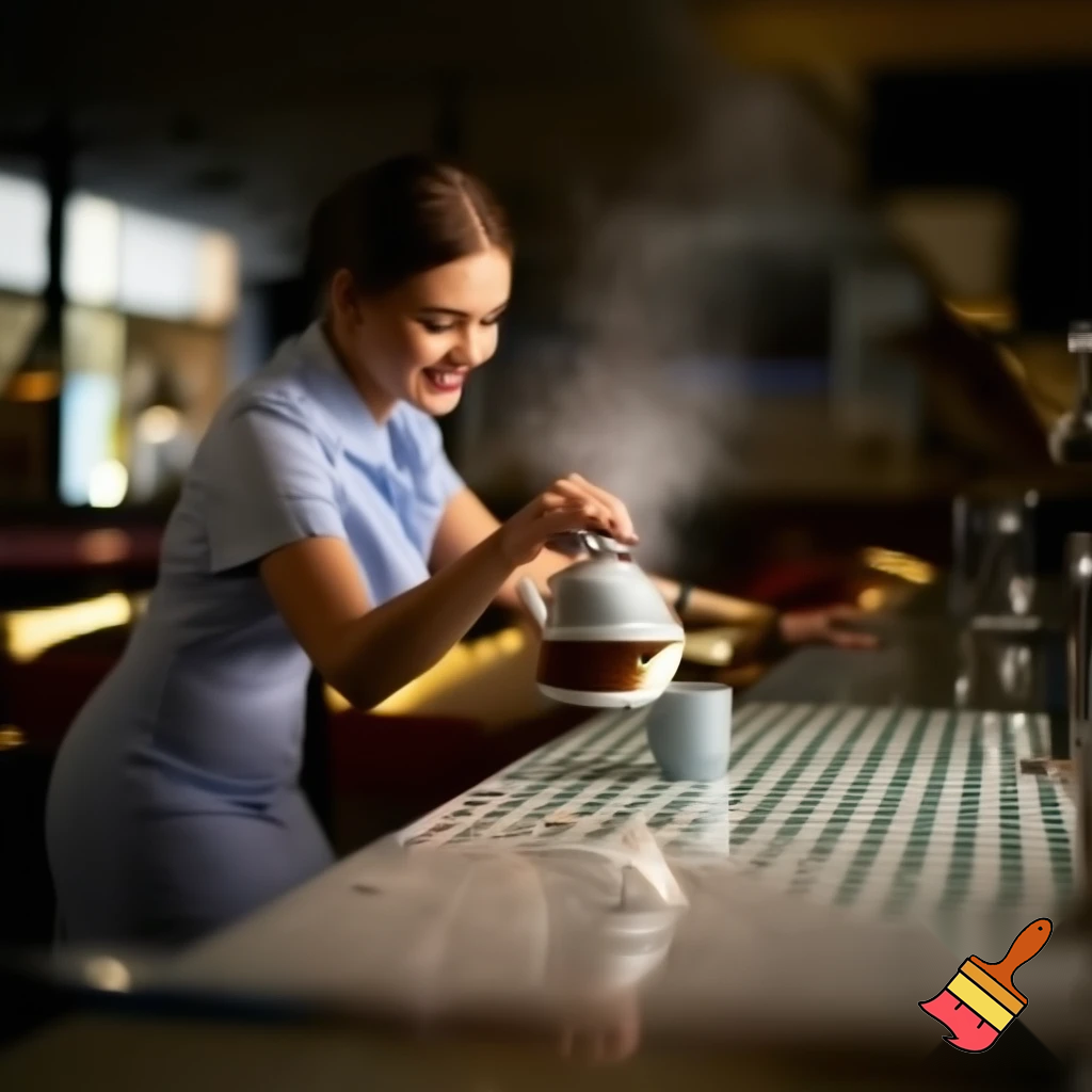 A small roadside diner. A beautiful waitress leans over to pour coffee into a customer's cup at a table. The waitress smiles. Photorealistic. 9x16