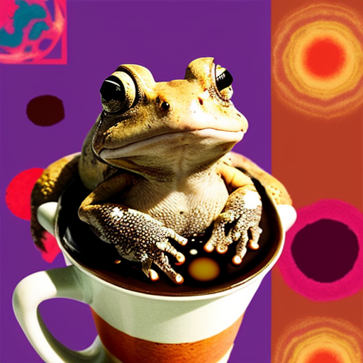 A hillarious, funny boho toad with some hippie colored coffee cups. Psychedelic decorated background.
