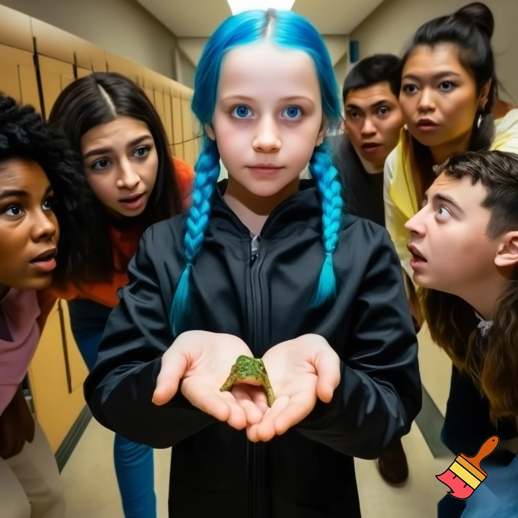girl with blue braid and has a black jacket with blue eyes holding a frog all the people are looking at the frog scared at shcool