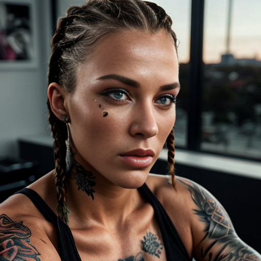 Muscle women  dark red cornrows dark green eyes tattoos