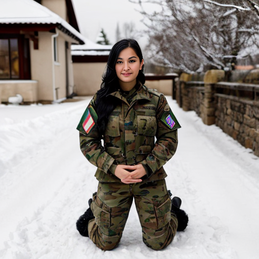 realistic colours, zoomed out veiw. large eyes looking to the left behind the camera, long black hair, red eyes, 19 years old girl. wearing white military camo clothing, jacket and pants  with british sas flag on the sleeve, kneeling in snow, holding a rifle. anime stye 