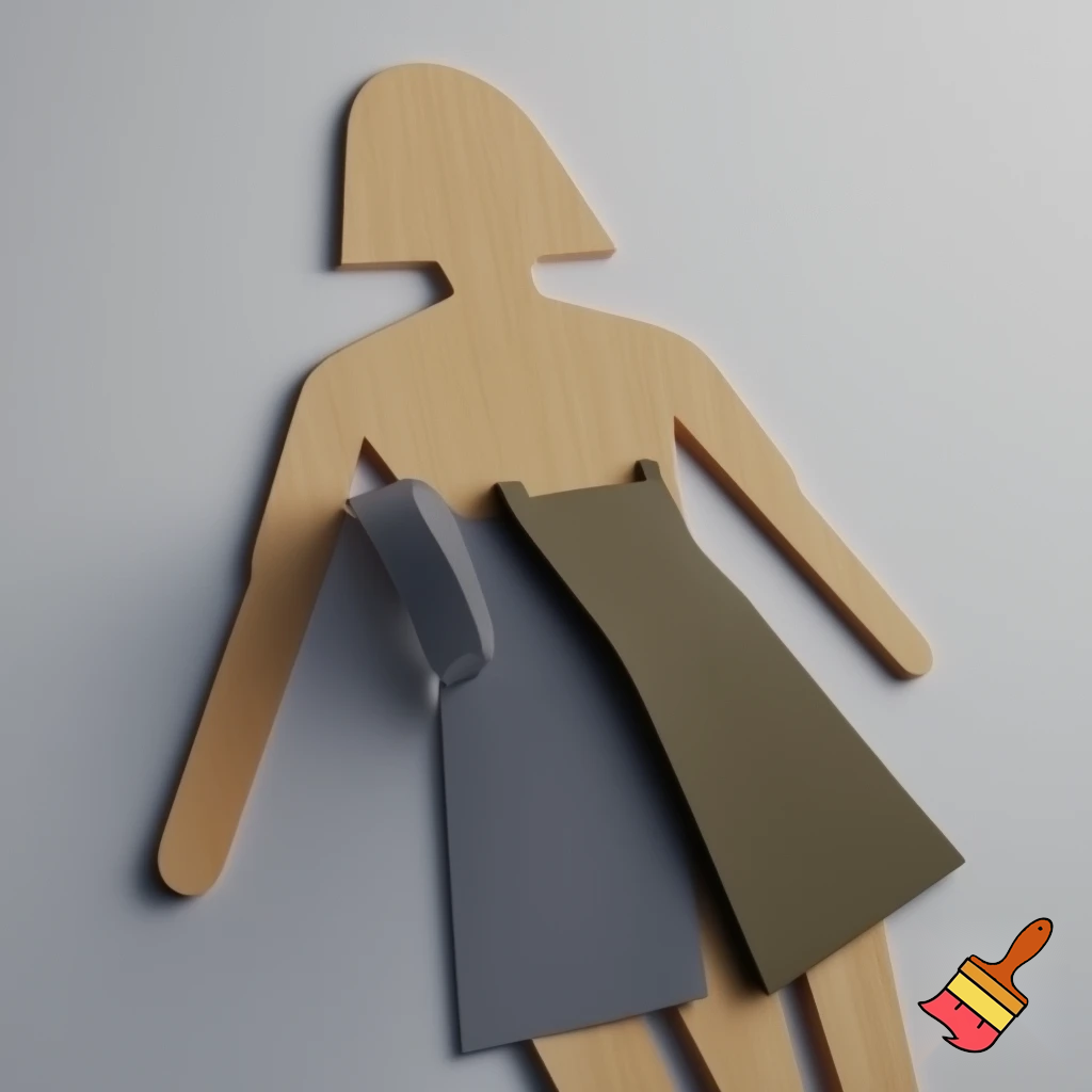 flat woman figure 6 mm cut out of wood with  flat pieces of clothes 3D printed out of plastic attached with help of magnets from both sides so it sits like real clothes