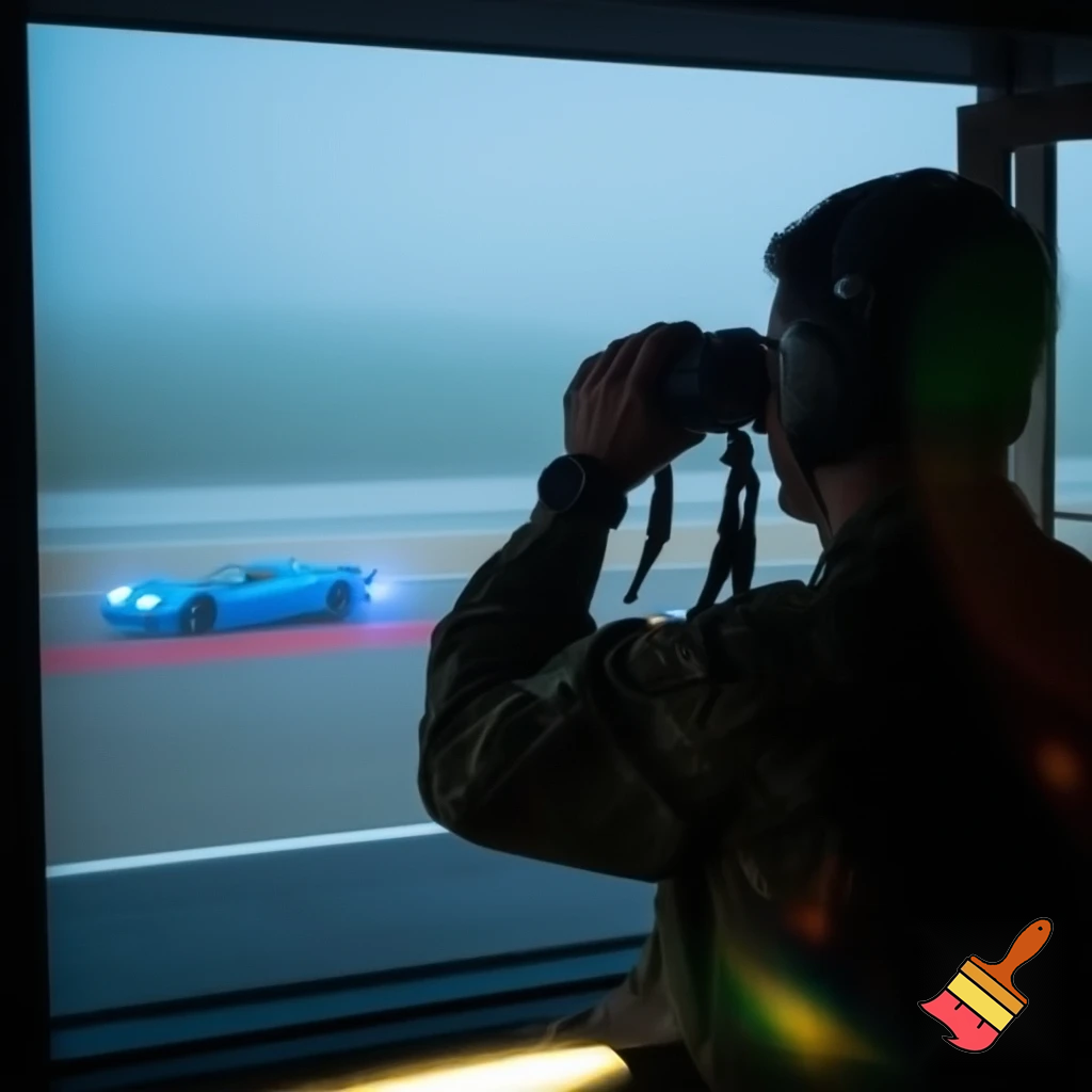 shot from behind the Canadian Air force Soldier using binoculars to view the blue hypercar racing around the track in the distance from inside the Air traffic control tower macro photography 120mm F1.8 prime lenses car in focus photorealistic silhouette style cinematography cool crisp foggy morning Muskoka air base track atmospheric IMAX Footage