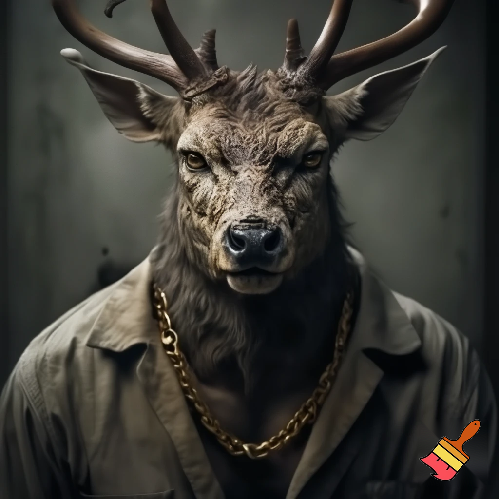mugshot of a fierce evil deer wearing prison outfit with tatoos and gold chains