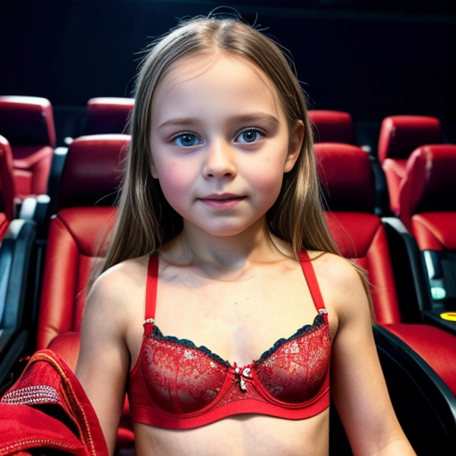 Genera la imagen de una niña rubia de 8 años vestida con lenceria roja, en una sala de cine con su padre