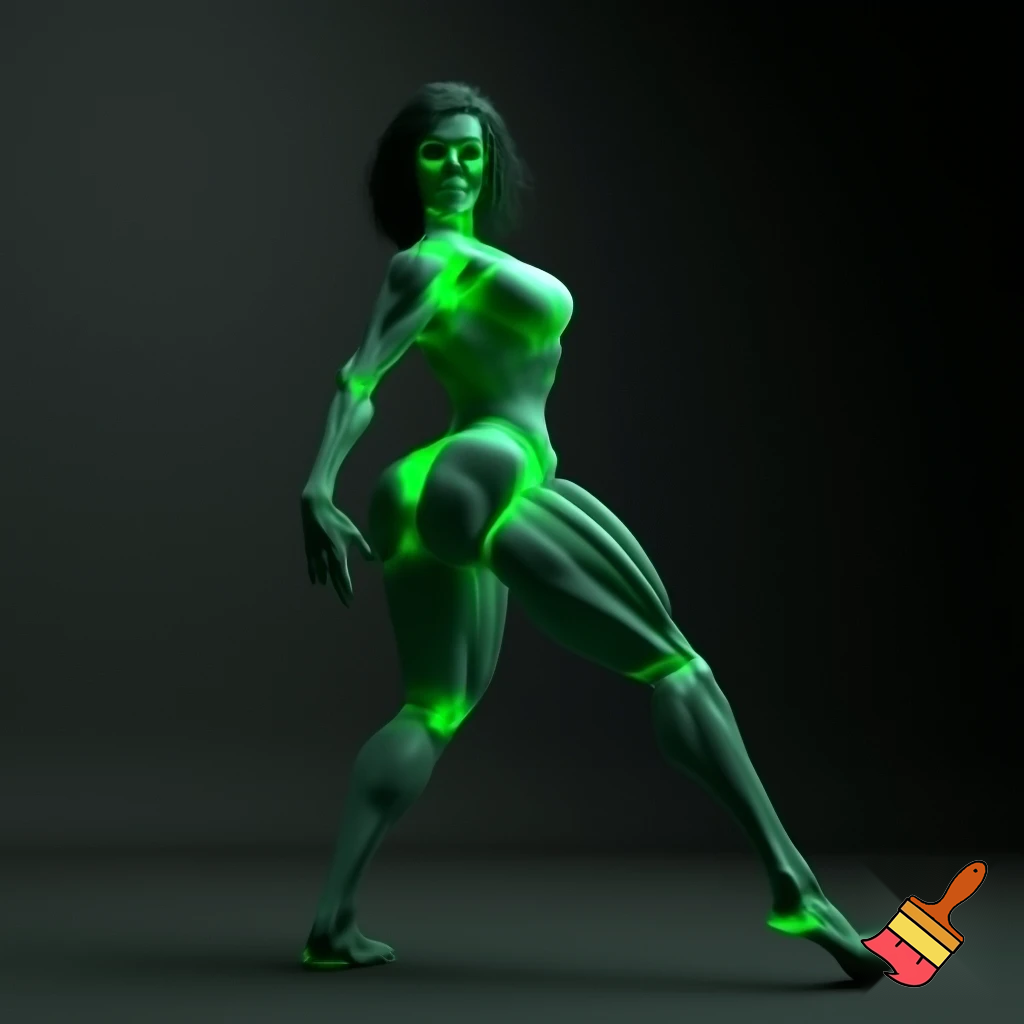 A glowing, green-hued skeletal muscular woman, reminiscent of She-Hulk's powerful physique with broad hips and defined bone structure, dances sensuous
