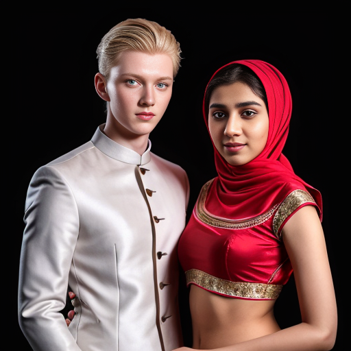 A russian handsome boy with pale skin blonde hair and blue eyes, wearing a suit,tall 188 cm staning with a Bangladeshi girl with warm skin dark eyes, wearing a red wedding full cover lehenga with hijab, 168 cm tall,  wefding scene