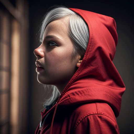 cute red riding hood, cinema, realistic, ultrarealistic, sideview, silver hair, strong makeup