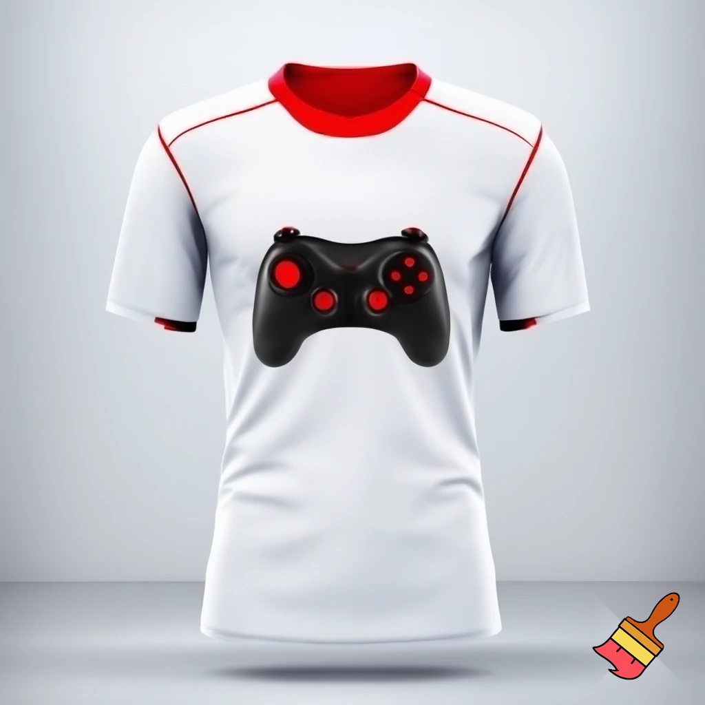 Una maglia da calcio bianca con alcuni dettagli rossi come il colletto alto e disegnato al centro di una maglia un controller nero con dettagli rossi