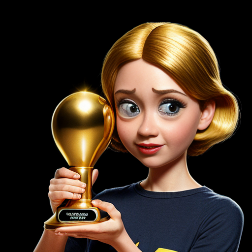 the emotion proud one person gold holding trophy Pixar cartoon style gold skin big eyes happy pretty  gold face