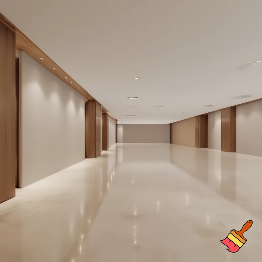 Wide rectangular exhibition hall with a modern and minimalist design, oriented horizontally. The space features polished beige marble flooring that softly reflects light, enhancing a sense of openness and luxury. Smooth neutral-toned walls are complemented by natural wood details on columns, wall panels, and trims. Warm recessed ceiling lights and spotlights illuminate the exhibits, creating a welcoming atmosphere.  The room is elegantly proportioned — wider than it is tall — with contemporary furniture and a refined, serene aesthetic.