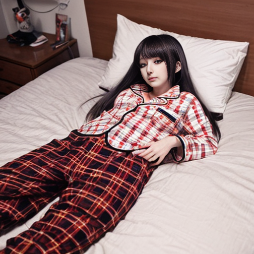 a anime girl
 with red plaid red pajama pants and white shirt laying on her stomach


