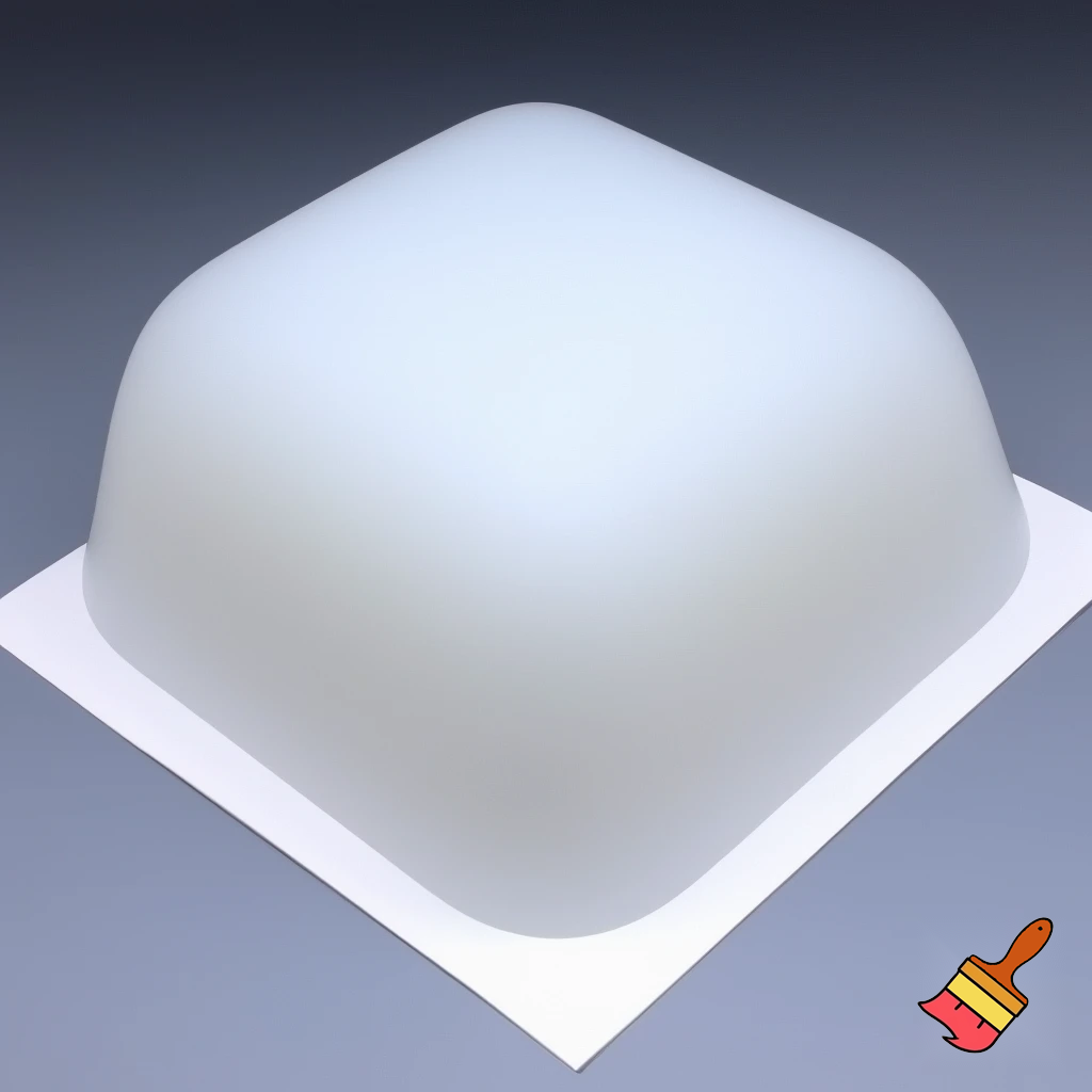Imagine a flexible, gel-like bowl placed on top of a square piece of paper. The bowl’s material stretches and conforms perfectly to the square edges and corners of the paper, creating a smooth, dome-like shape. The bowl’s surface molds seamlessly to the square outline, resulting in a perfectly fitted, stretched, square shaped dome-like appearance.
