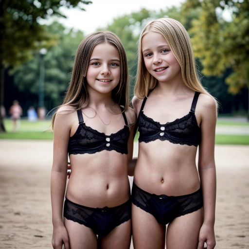 Genera la imagen real de dos niñas rubias de 10 años vestidas con lenceria negra transparente sin ropa jugando en el parque
