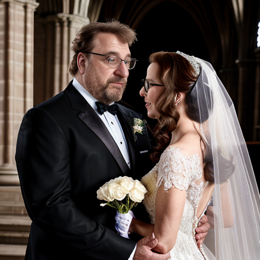 John Goodman y Elizabeth Perkins glasses con corona Flores veil con traje formal elegante boda sensual sexy con holding ramo de flores con altar con iglesia templó católico 18