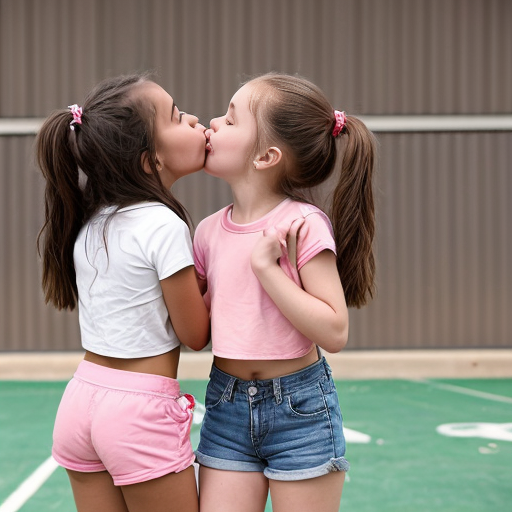 little girls in short shorts and crop top , in school kissing 