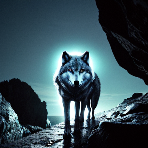 A wolf with glowing blue fur, glowing red eyes and gleaming fangs. The wolf is on the end of a rocky cliff with people coming towards him