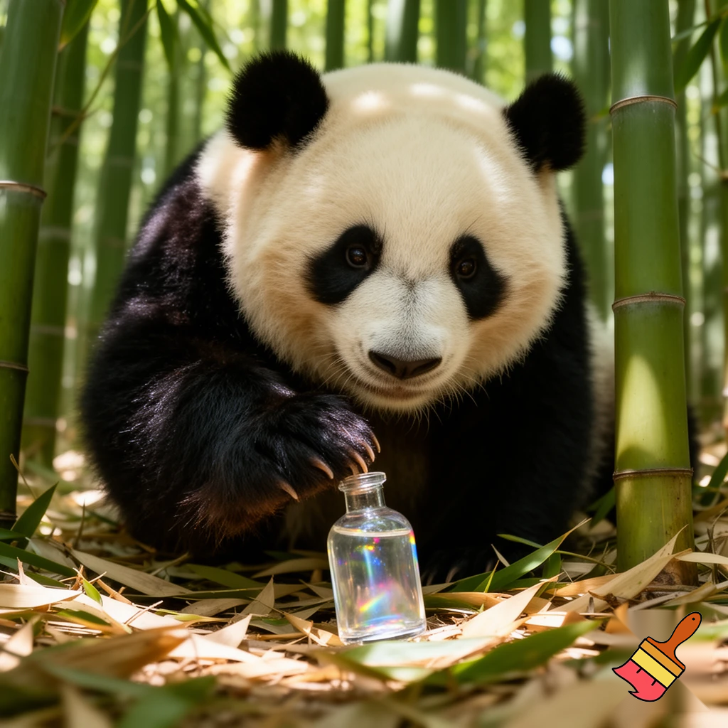 a panda theasher piking up a poshen bottle