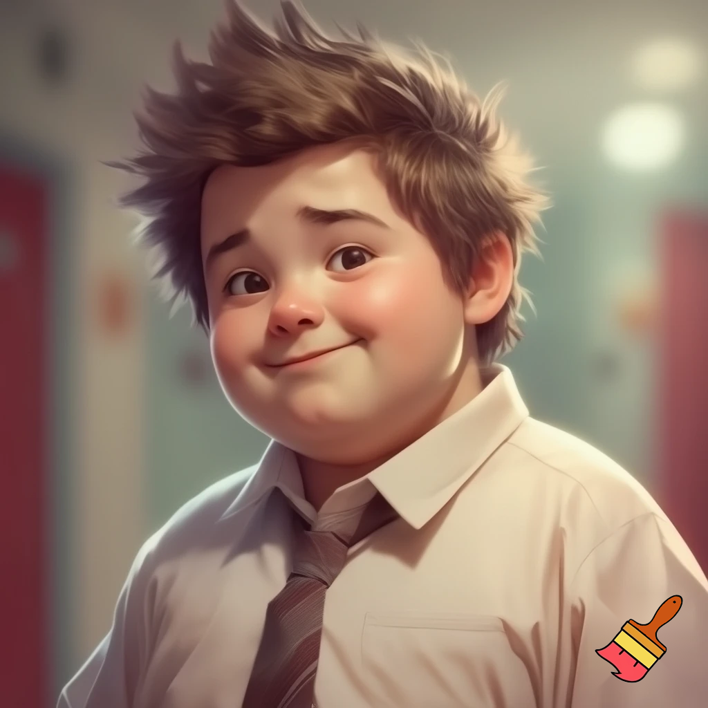 A teenager boy with haircut spiky hair , chubby in school uniform 