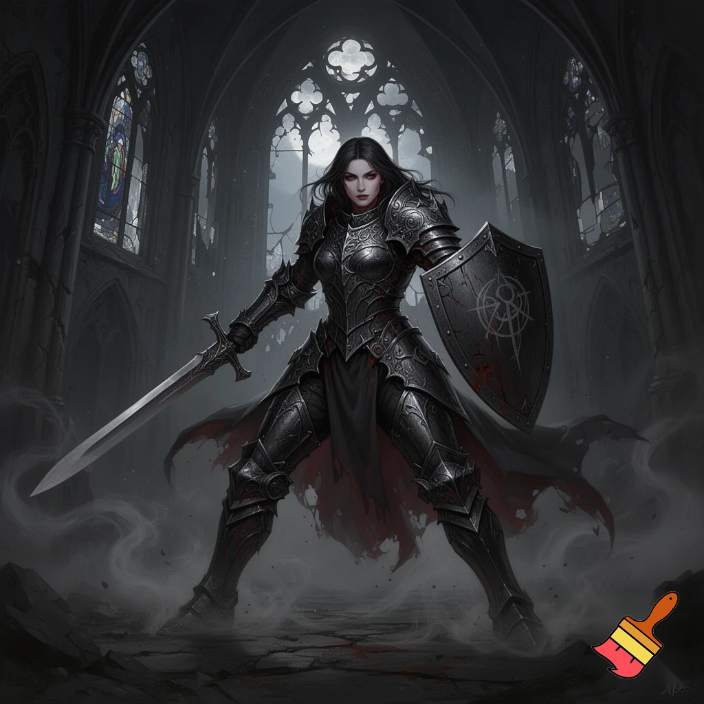 Pathfinder. dhampir female. heavy armor. Sword and shield. Gothic. High quality. Dynamic pose.