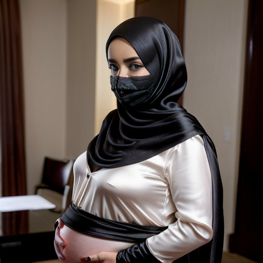 Inside a brown hotel room, heavily pregnant Trump and netanyahu kidnap are sitting together wearing black silk long heavy abaya, gloves, black silk hijab and a perfect silk nosepiece saudi niqab. 