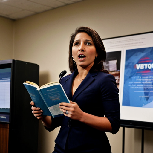 Create an image of tulsi Gabbard reading a "Guide to Russian Propaganda" book. In the background the FBI are raiding voting machines. Also some horrified looking Puerto Ricans watching them.