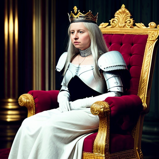 Tall, white-haired Queen of Poland in armor sitting on a throne