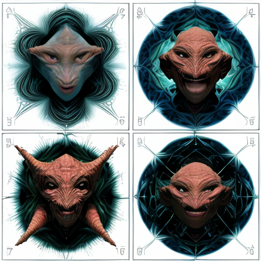 Irreal creaturas sub humana de fractales. 4 paneles. 1, 2, 3, 4. 1: criatura emerge de ti. 2: criatura se alimenta. 3: Blade. 4: la creatura eres tu. Esto en un estilo imposible para un humano