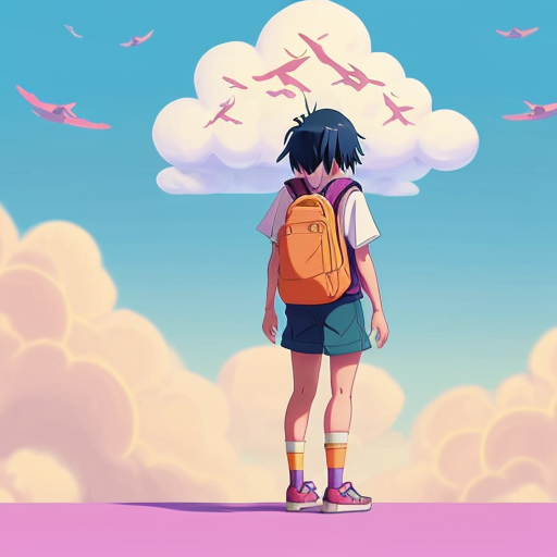 Little Dora purple backpack pink t-shirt orange short pants yellow socks white sneakers on a sitting cloud in the sky from Dora the Explorer. migration