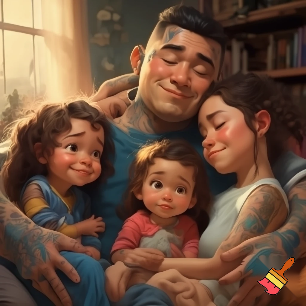 Draw a family 4 a dad with tattoos 7 year old sister 13 year old brother and the mum has tired under eyes 
