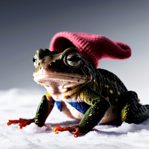 A laughable, puzzled animal toad in woolen, multicoloured winter clothings with woolen, funny winter cap. Hyperrealistic art style.