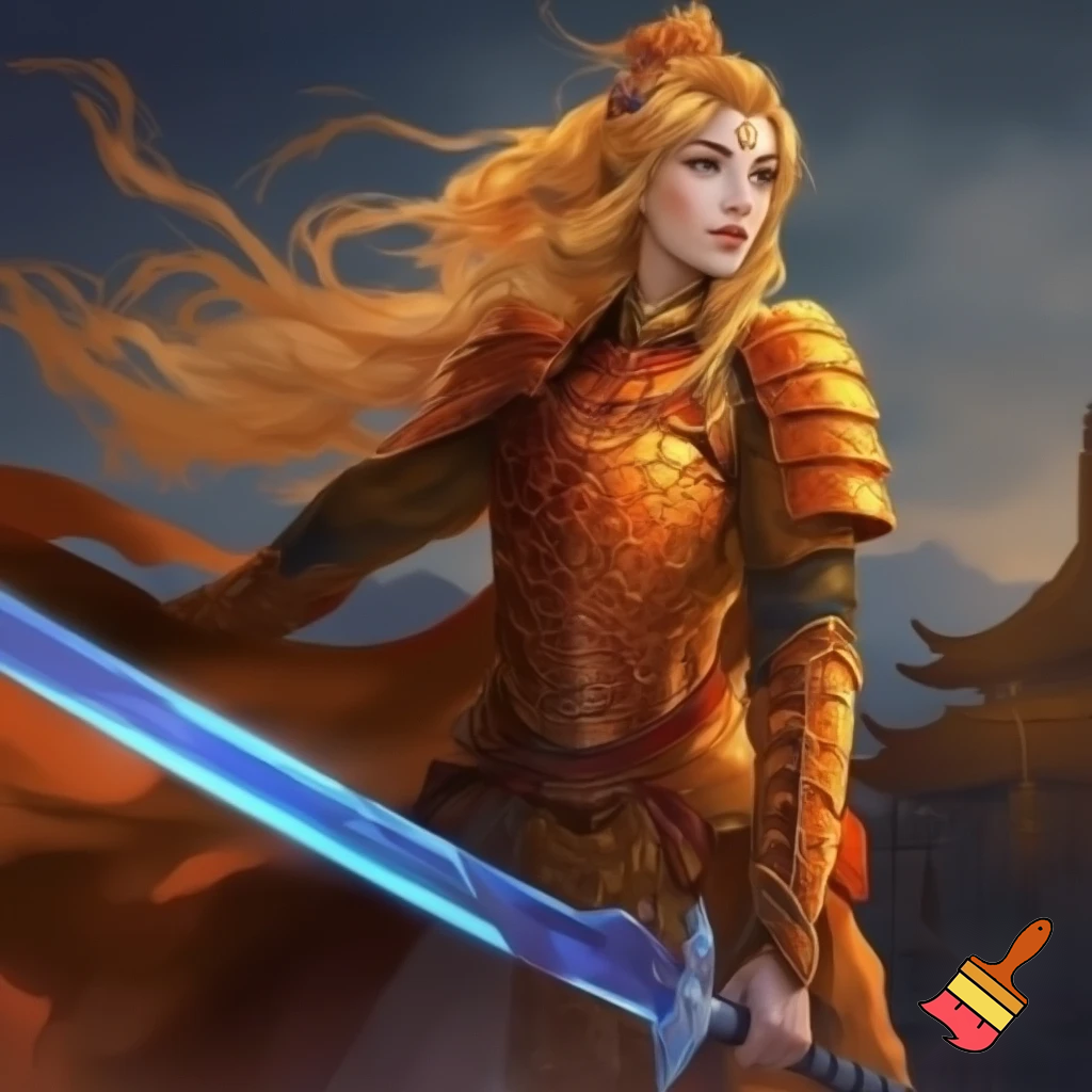 Golden orange chinese crusader princess. Chinese style armor. Orange flowing hair. Dynamic stance. Glowing blue sword. High quality. In the style of dungeons and dragons.