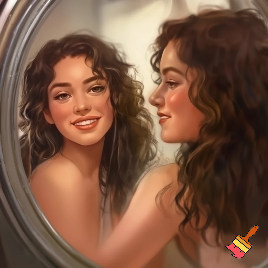 A slim twentyone year old woman with pale skin and dark brown long curly hair, depicted from head to toe, watching herself happily in a mirror.