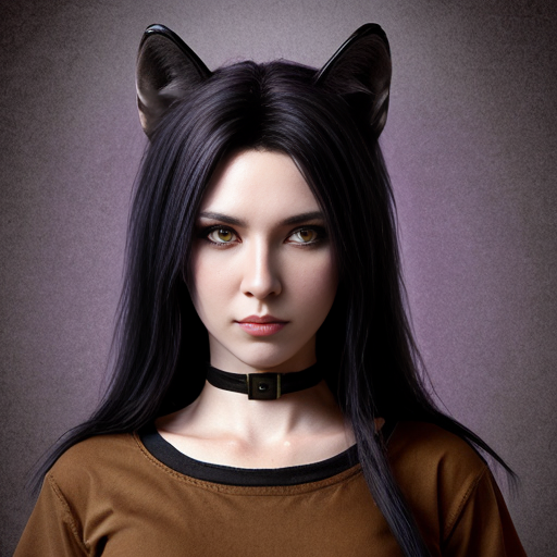 Anthropomorphic female black wolf with long pretty black hair and purple eyes, wearing a brown medieval shirt