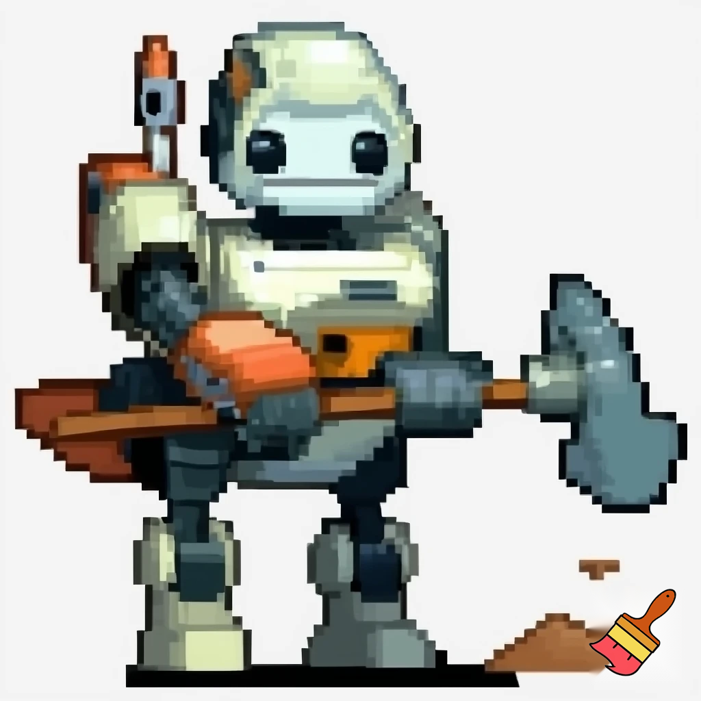Make a robot enemy that could dig and throw there pickaxe at you huminoid robot shape make it look kid friendly. Pixel art no background