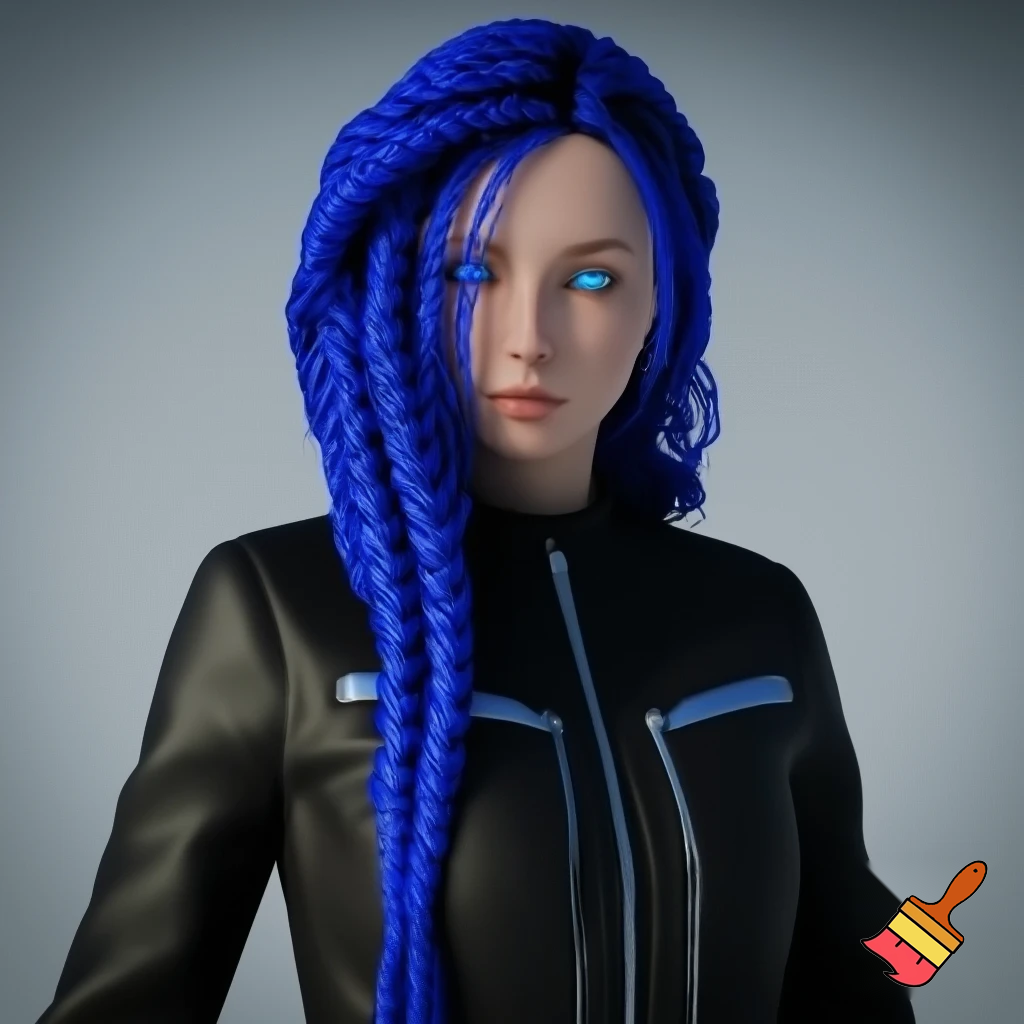 girl with blue braid and has a black jacket with blue eyes

