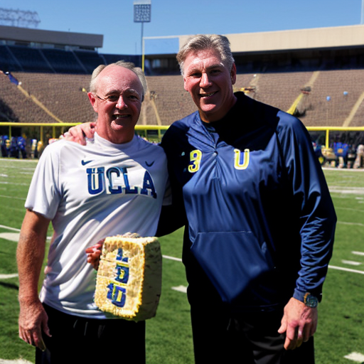 UCLA football coach "Bob Chesney" with a "happy birthday, David" banner