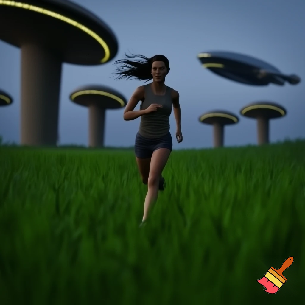 a woman is running in a green field with giant mushrooms, escaping from alien starships
