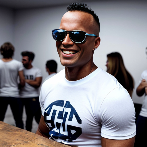 5 Jacked strong lean 20 year olds men wearing with bully clothes so cool and sunglasses and all of them are wearing white t shirt with dark blue jeans and they are all smiling and laughing in a dark room with party lights on (no one else in the room) (2010s color photo) (realistic photo with a slight shaky effect) and it looks like there is soda on the table. Some of them have buzzcuts and some of them look like david goggins (literally david goggins) and otjers just look normal