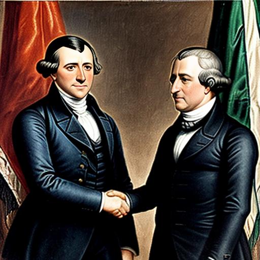 James Monroe (the 5th president of the United States of America) and Agustin de Iturbide (the Emperor/Head of State of the United Mexican States) Shake their hands as "Friends" with the United States flag from 1822 and the First Mexican Empire flag from 1822