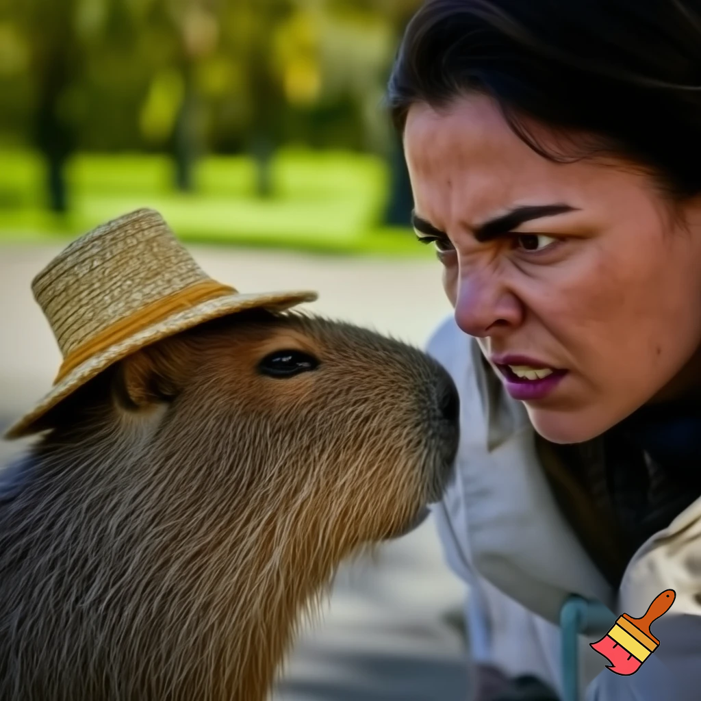 a woman is mad at the capybara in a hat


