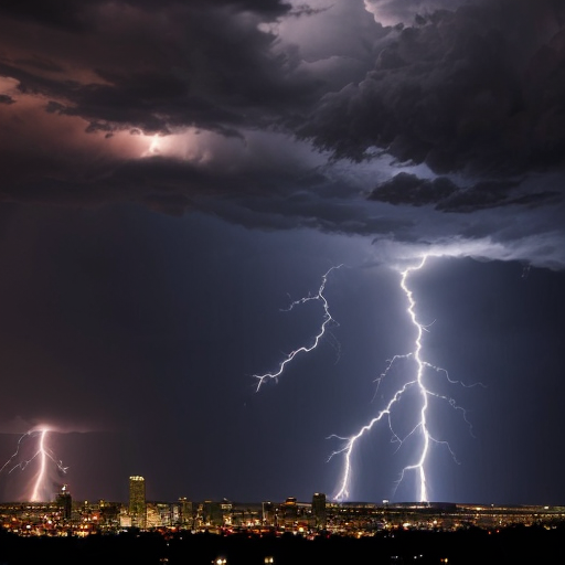 thunder and lightning striking on a city
