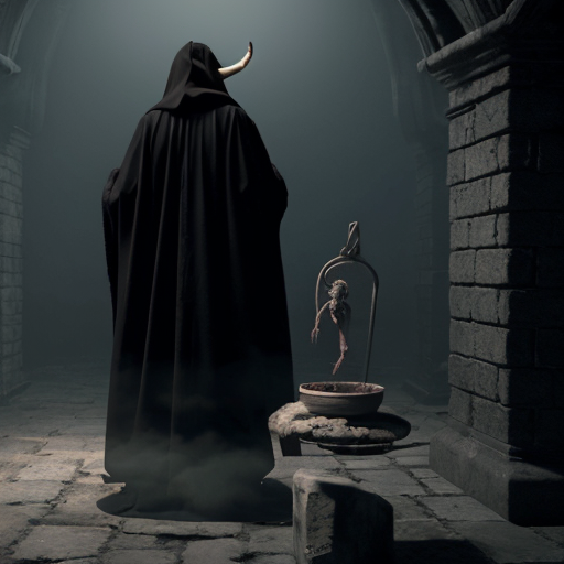 Photorealistic dark fantasy crypt. A gaunt, pale man in black robes stares at a fleshy, grotesque sack hanging from a rope. A winged, horned demon perches on a stone ledge behind him. Ruined stone floor with rubble, broken pots, and low-lying fog. Cinematic volumetric lighting, macabre gothic horror style, 8k resolution