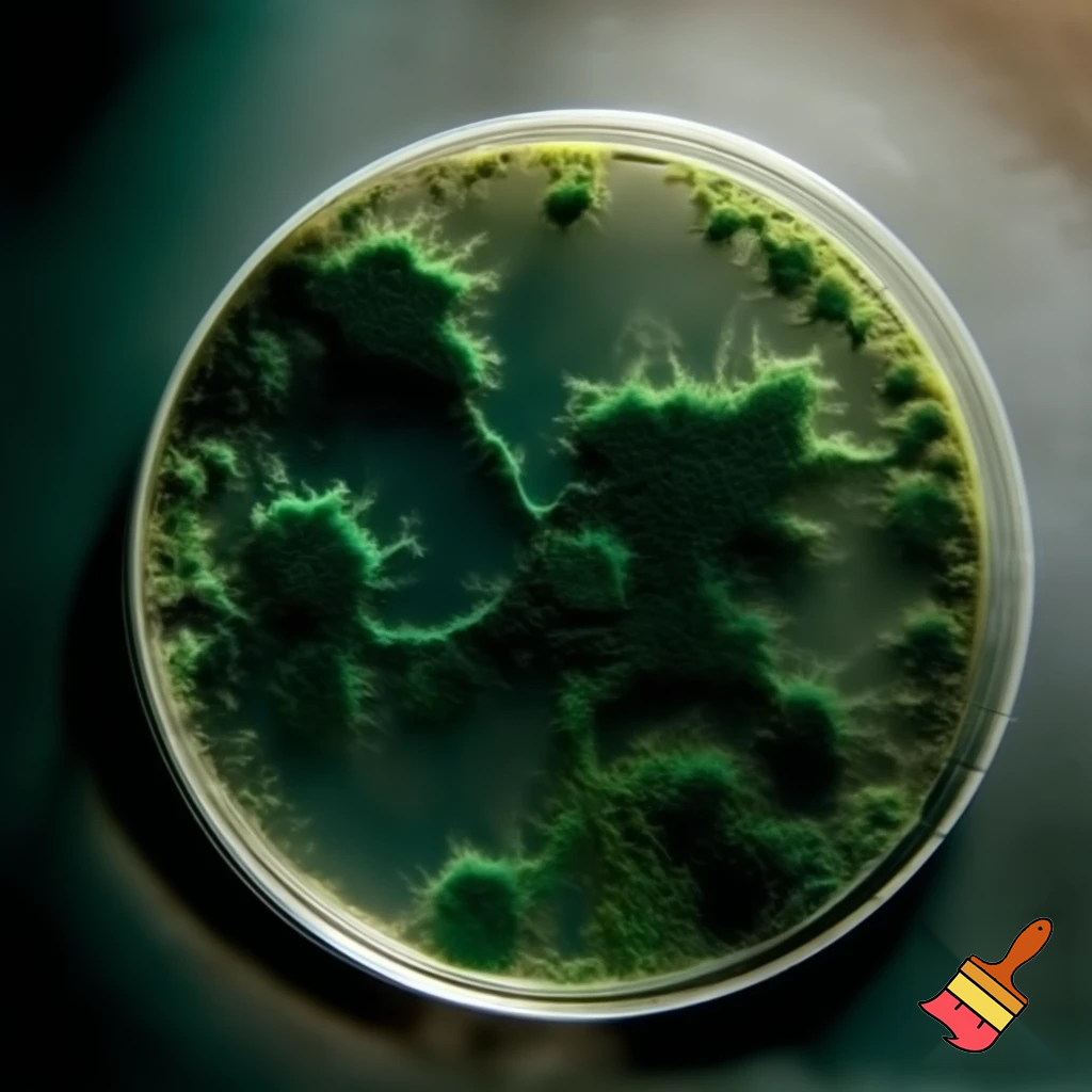 dark green mold on a petri dish